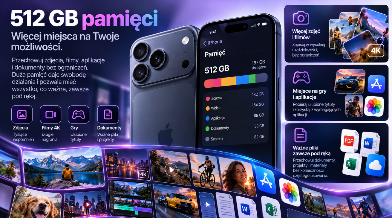 Apple iPhone 17 Pro 512 GB – duża pamięć na zdjęcia, filmy i aplikacje
